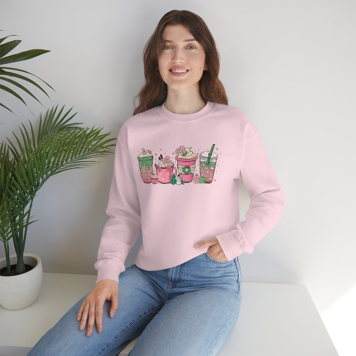 Pink Coffee Sweatshirt, Christmas coffee Sweatshirt, Coffee Lover gift, Latte drink Crewneck, women Holiday sweater, Starbuck Lover Gifts