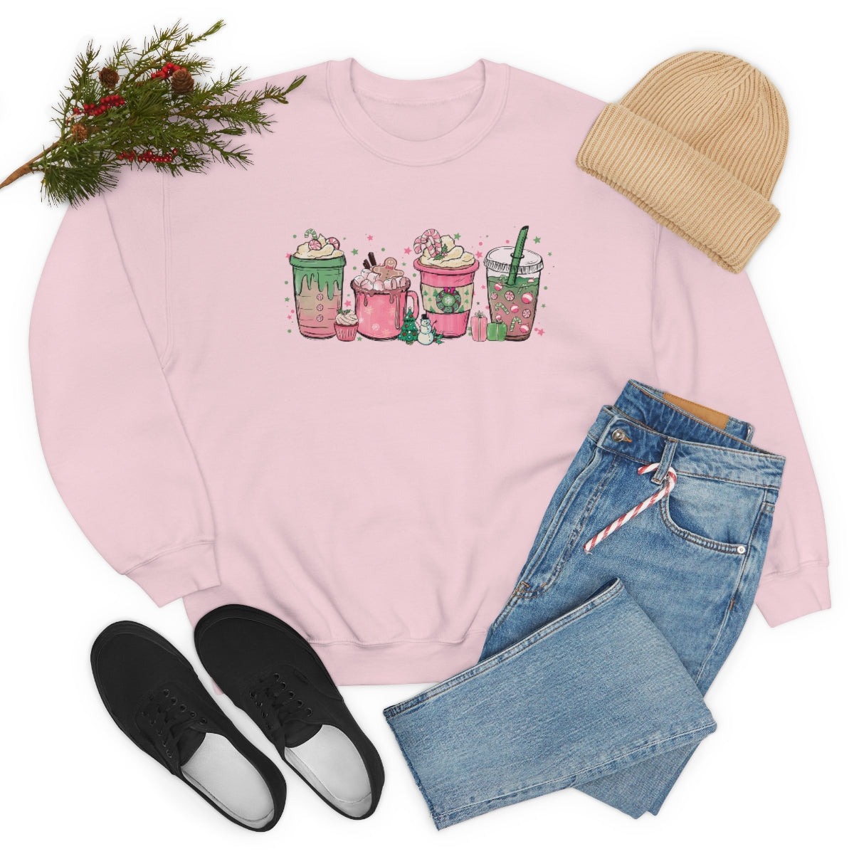 Pink Coffee Sweatshirt, Christmas coffee Sweatshirt, Coffee Lover gift, Latte drink Crewneck, women Holiday sweater, Starbuck Lover Gifts