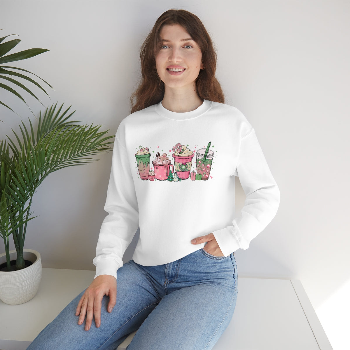 Pink Coffee Sweatshirt, Christmas coffee Sweatshirt, Coffee Lover gift, Latte drink Crewneck, women Holiday sweater, Starbuck Lover Gifts